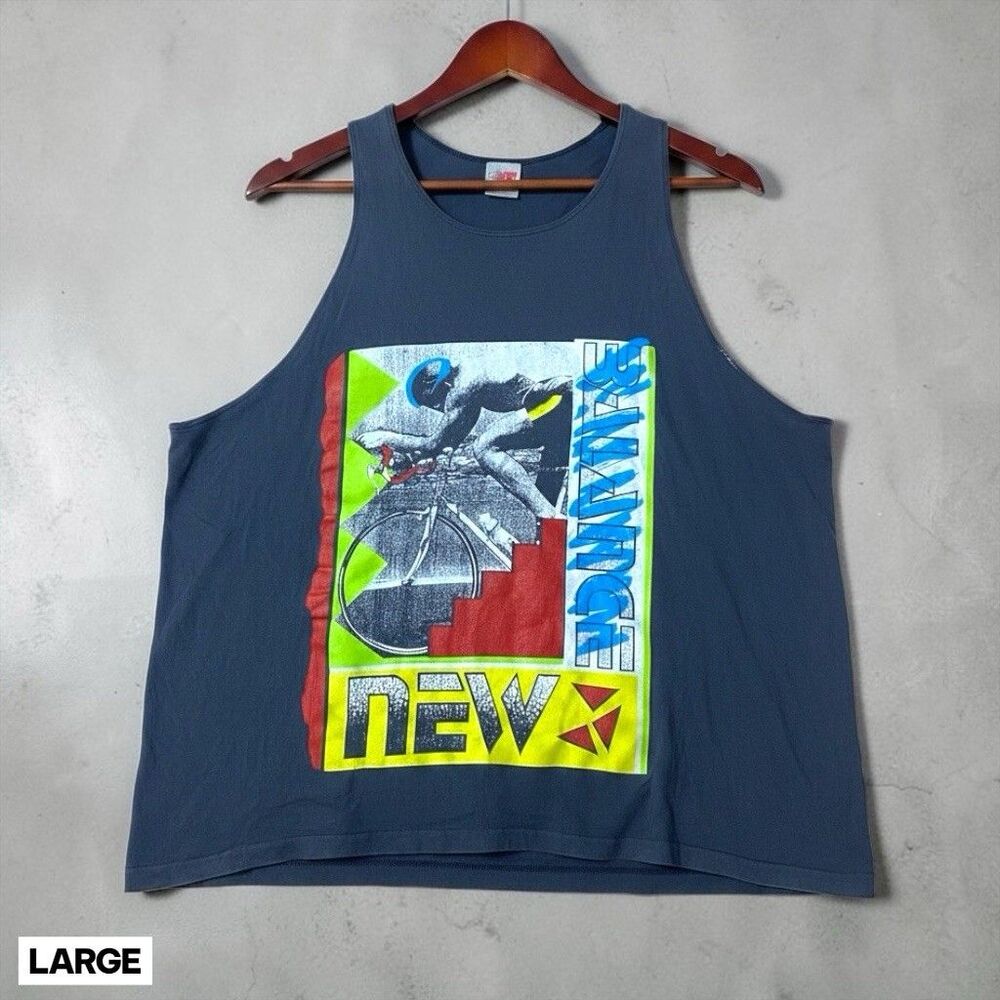 Vintage 80s 90s New Balance Tank Top Mens L Black Cycling Athletic USA Graphic